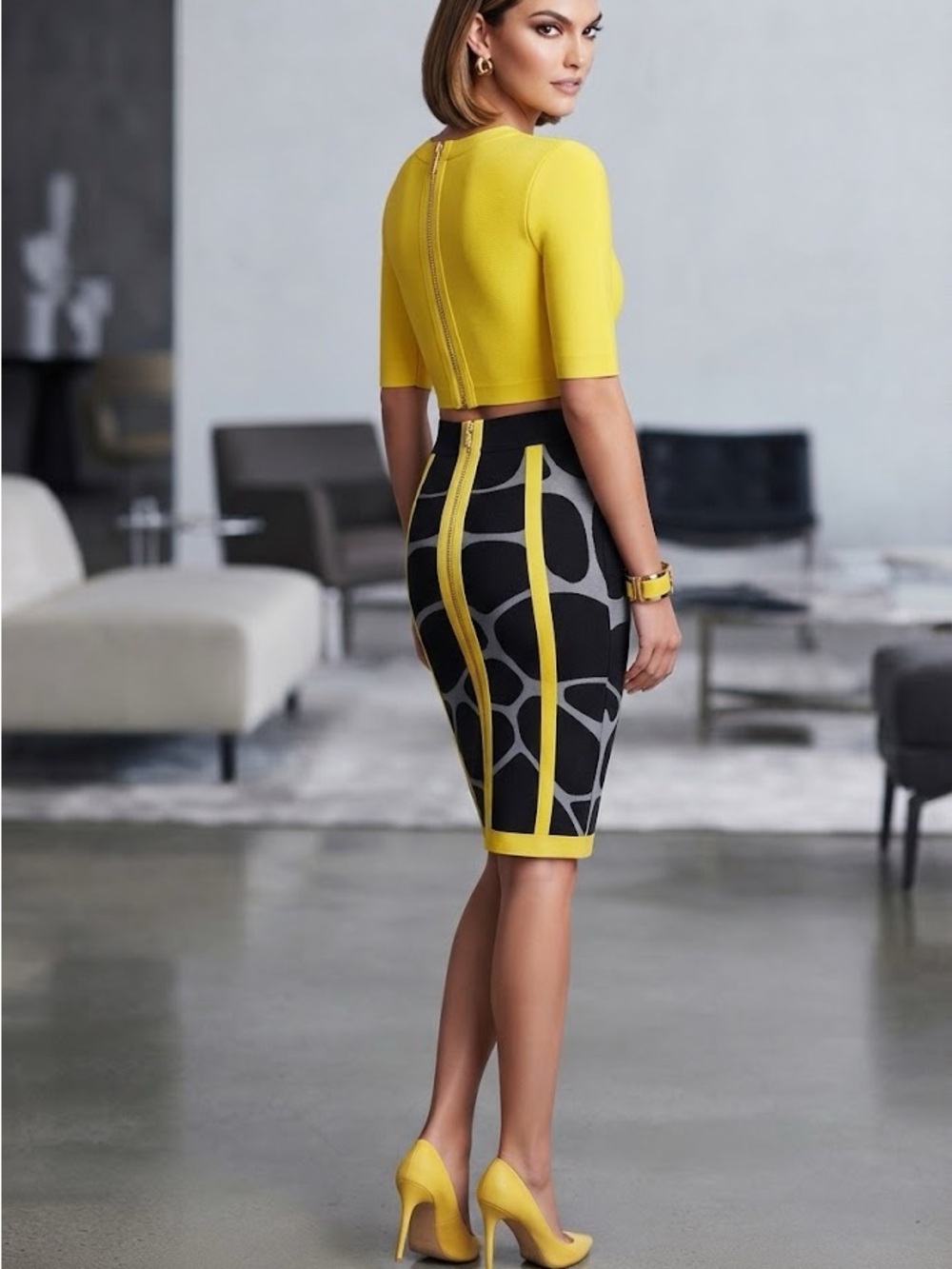 House of elegance Stunning Yellow & Animal Print Bandage Two-Piece Set XS